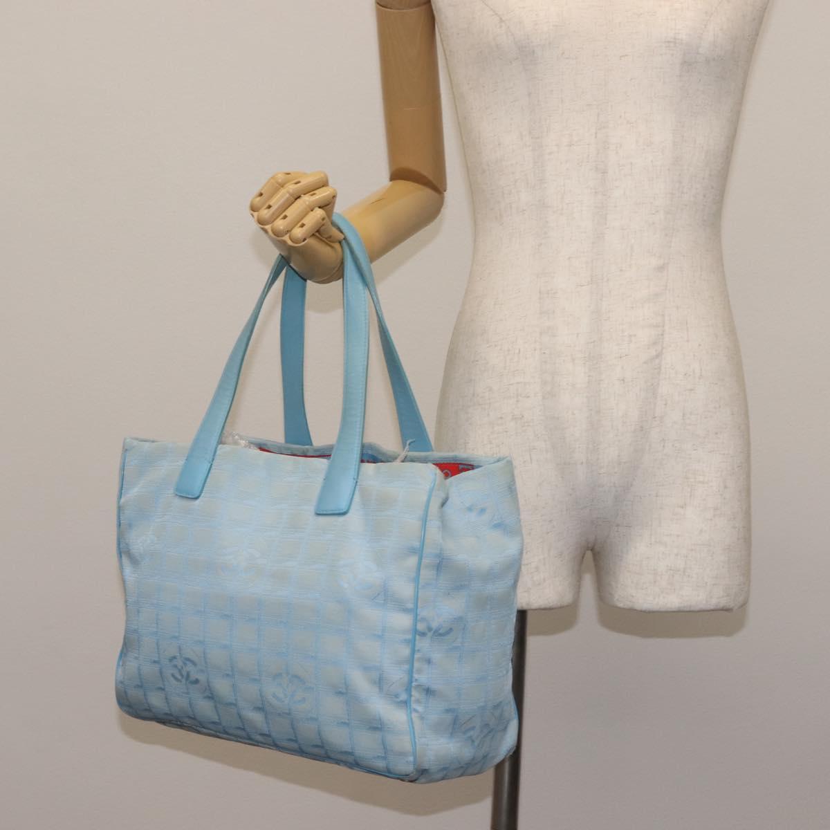 CHANEL New Travel Line Tote Bag Nylon Light Blue Silver CC Auth 145352