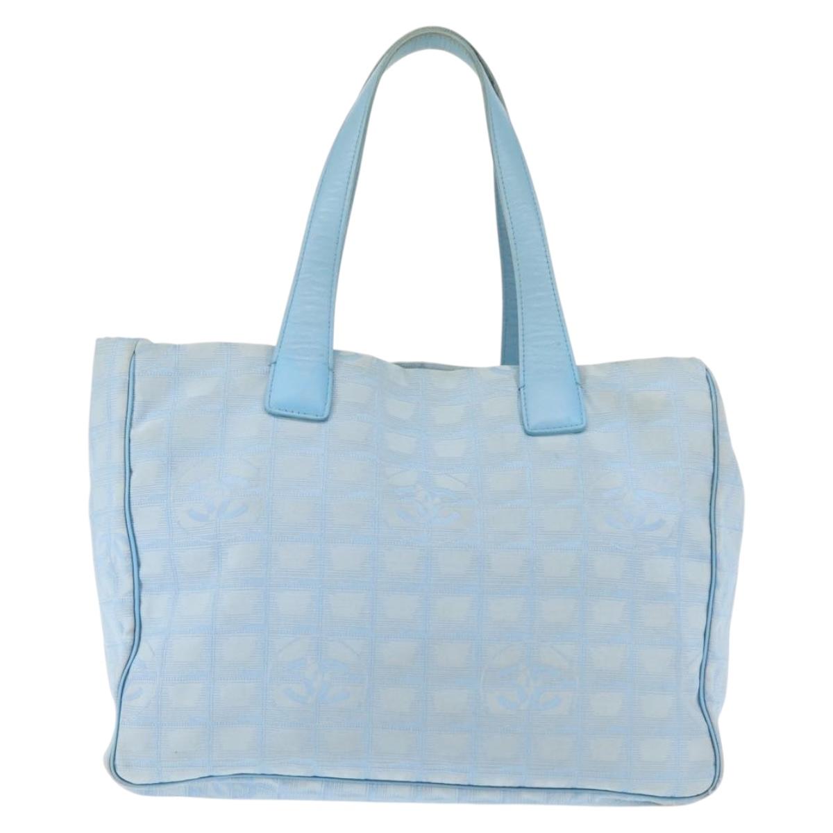 CHANEL New Travel Line Tote Bag Nylon Light Blue Silver CC Auth 145352