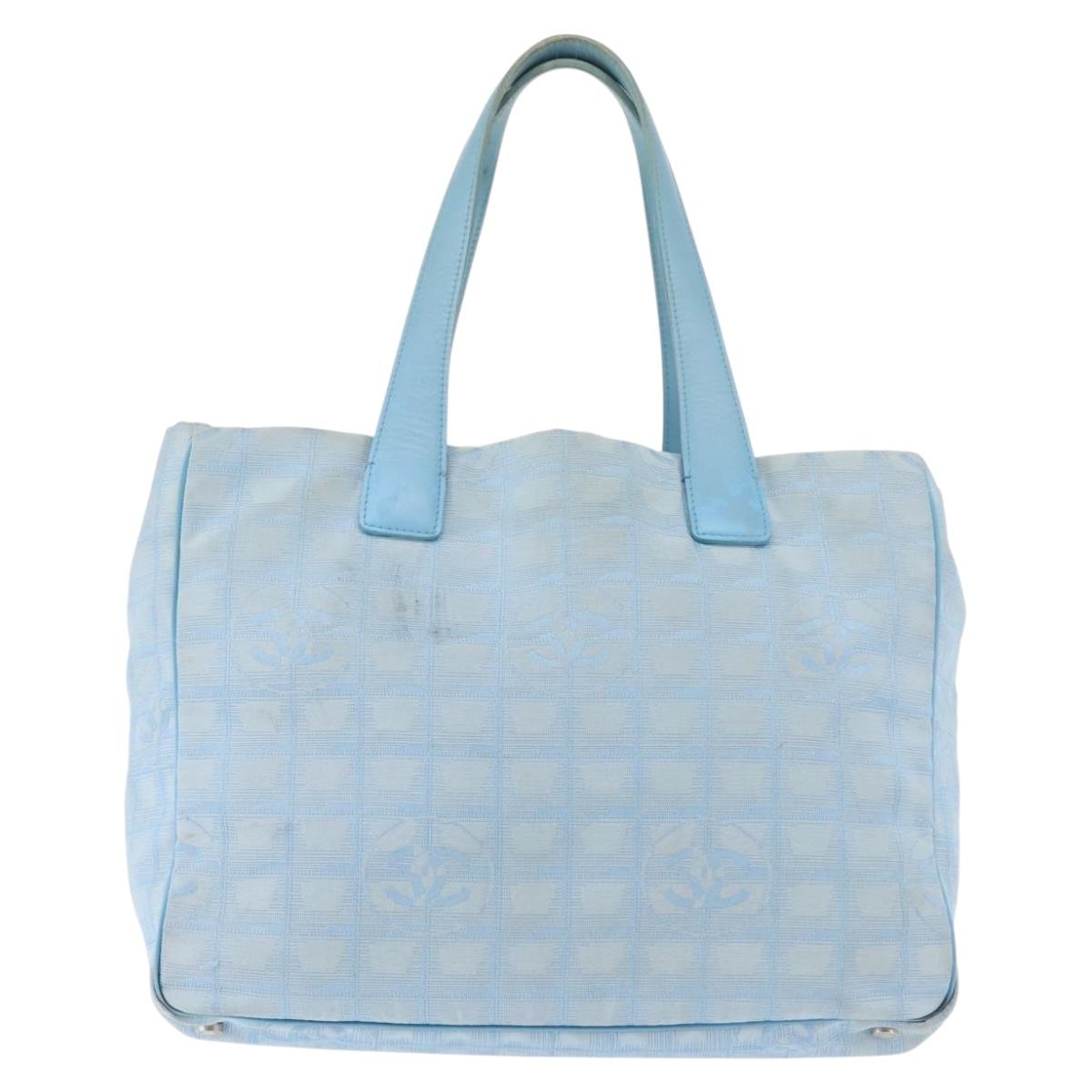 CHANEL New Travel Line Tote Bag Nylon Light Blue Silver CC Auth 145352