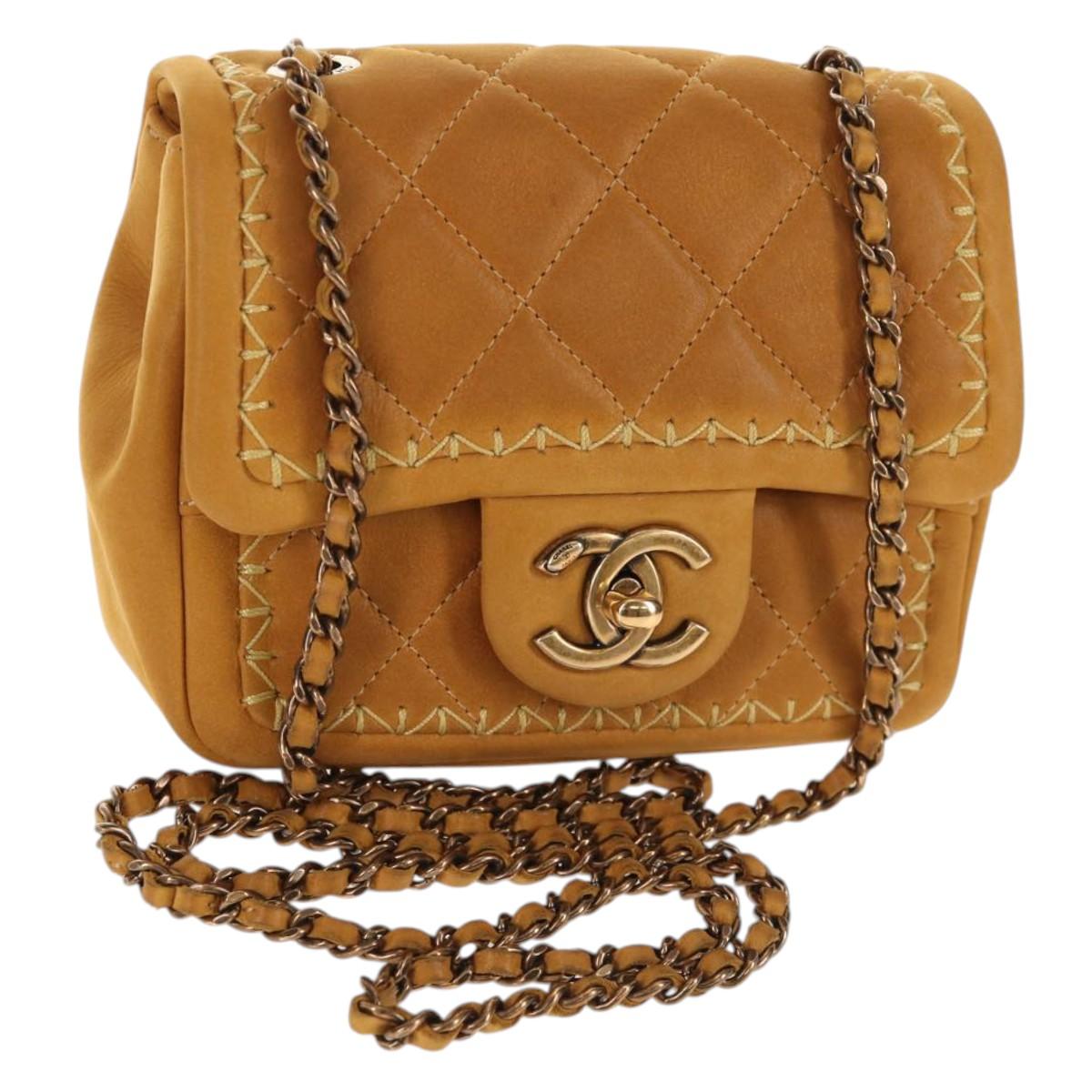 CHANEL Chain Shoulder Bag Suede Yellow Gold CC Auth 145362A
