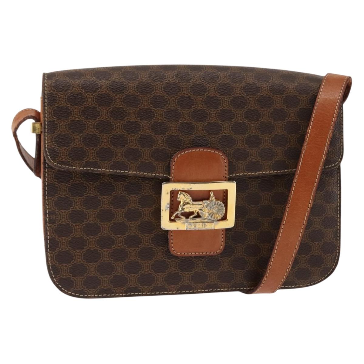 CELINE Macadam Canvas Horse Carriage Shoulder Bag PVC Brown Gold Auth 145468