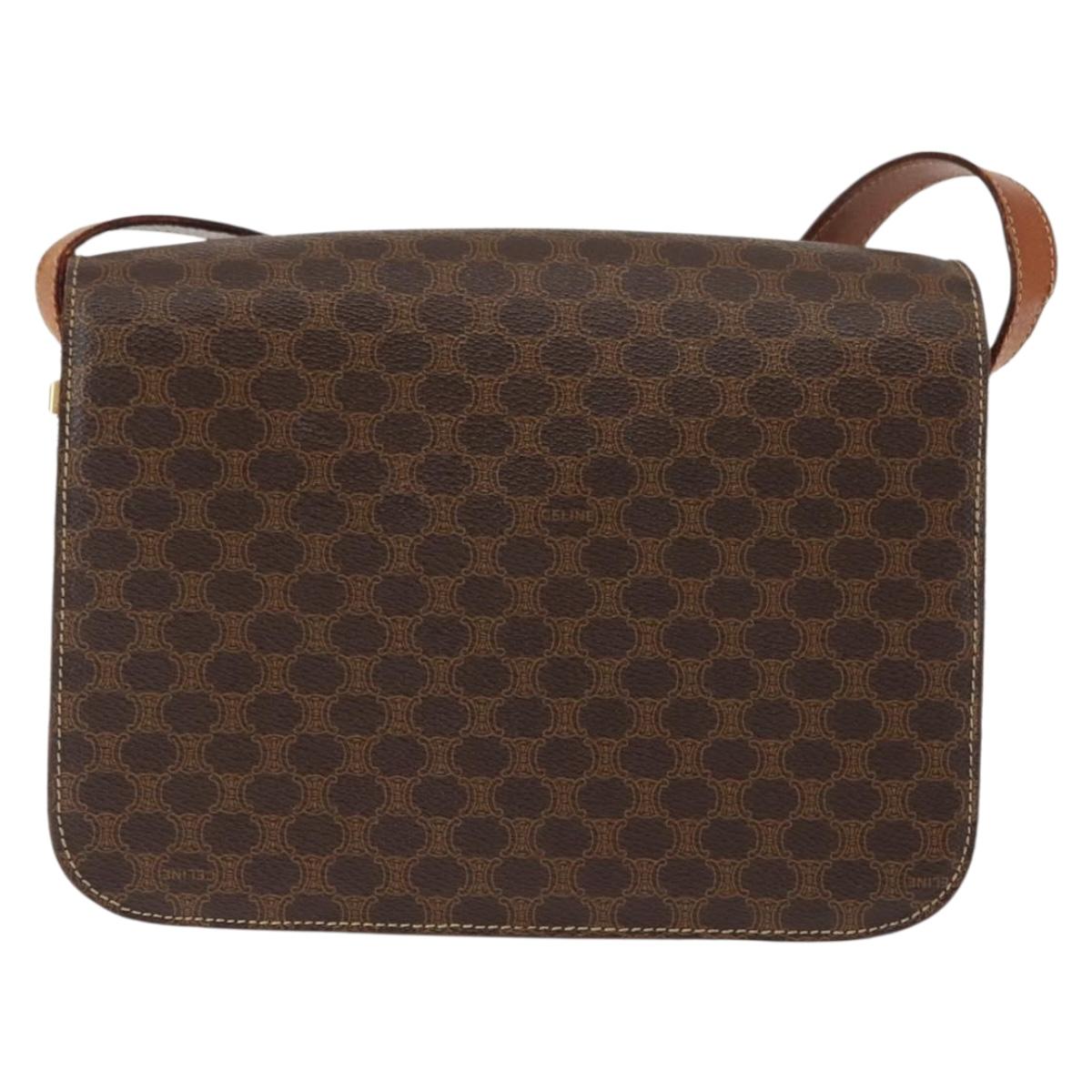 CELINE Macadam Canvas Horse Carriage Shoulder Bag PVC Brown Gold Auth 145468