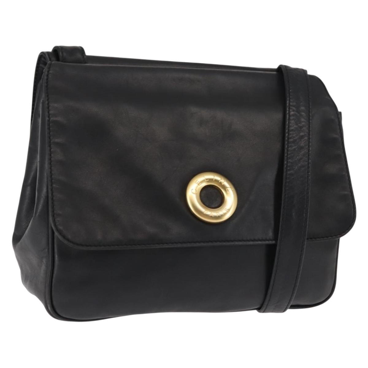CELINE Hand Bag Leather Black Auth 145472