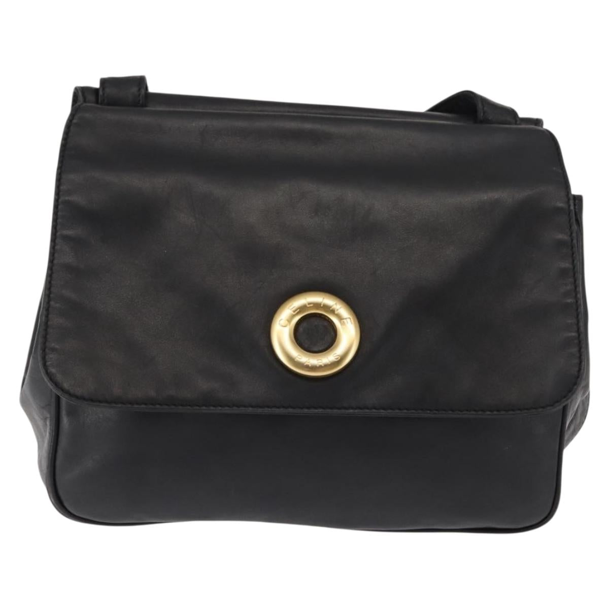 CELINE Hand Bag Leather Black Auth 145472