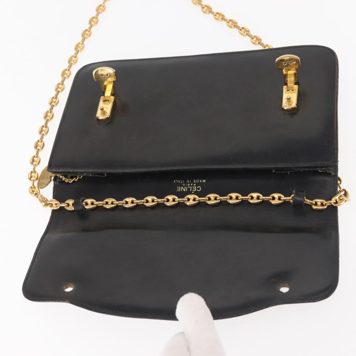 CELINE Chain Shoulder Bag Leather Black Gold Auth 145473