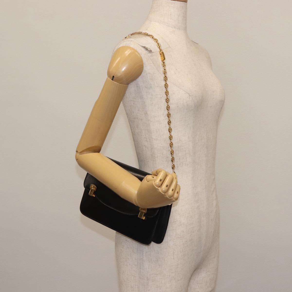 CELINE Chain Shoulder Bag Leather Black Gold Auth 145473
