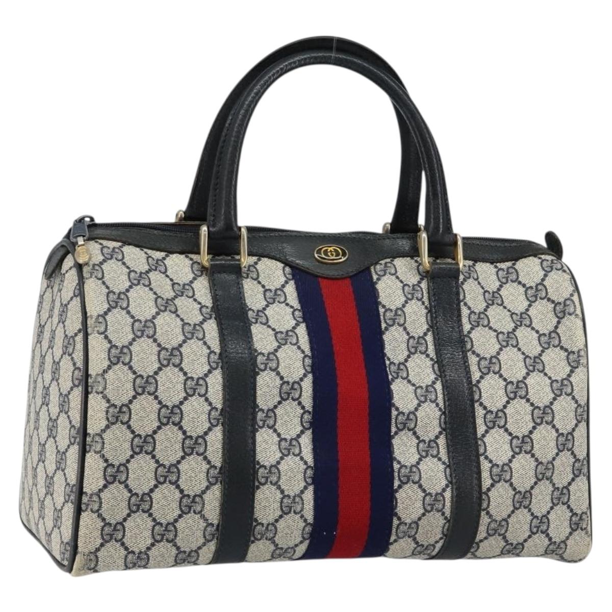 GUCCI GG Supreme Sherry Line Boston Bag PVC Navy Gold 24 012 3842 Auth 145476