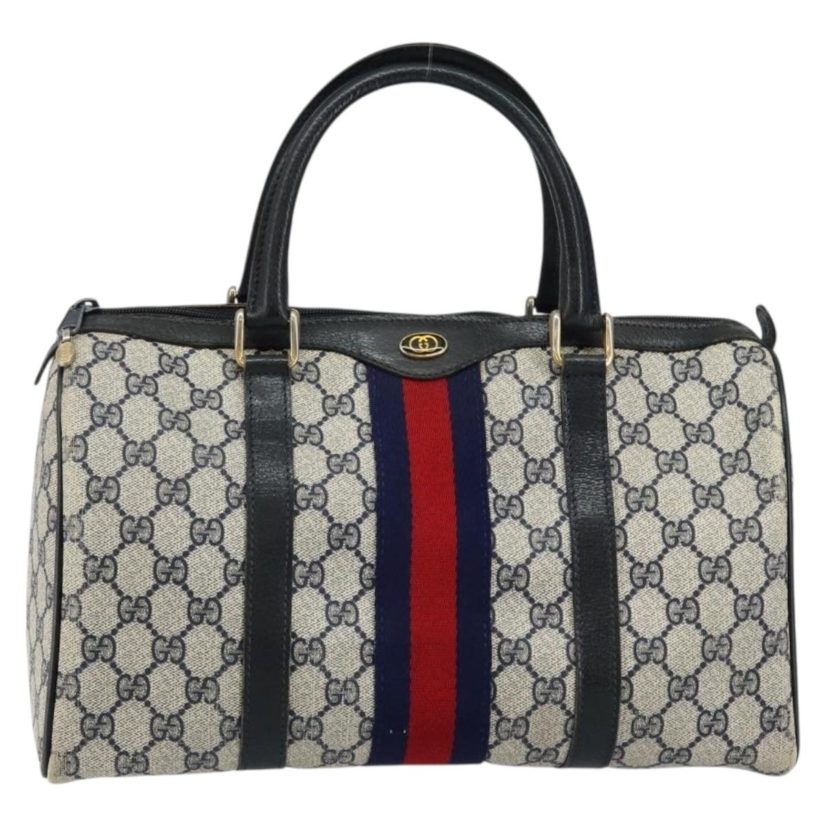 GUCCI GG Supreme Sherry Line Boston Bag PVC Navy Gold 24 012 3842 Auth 145476