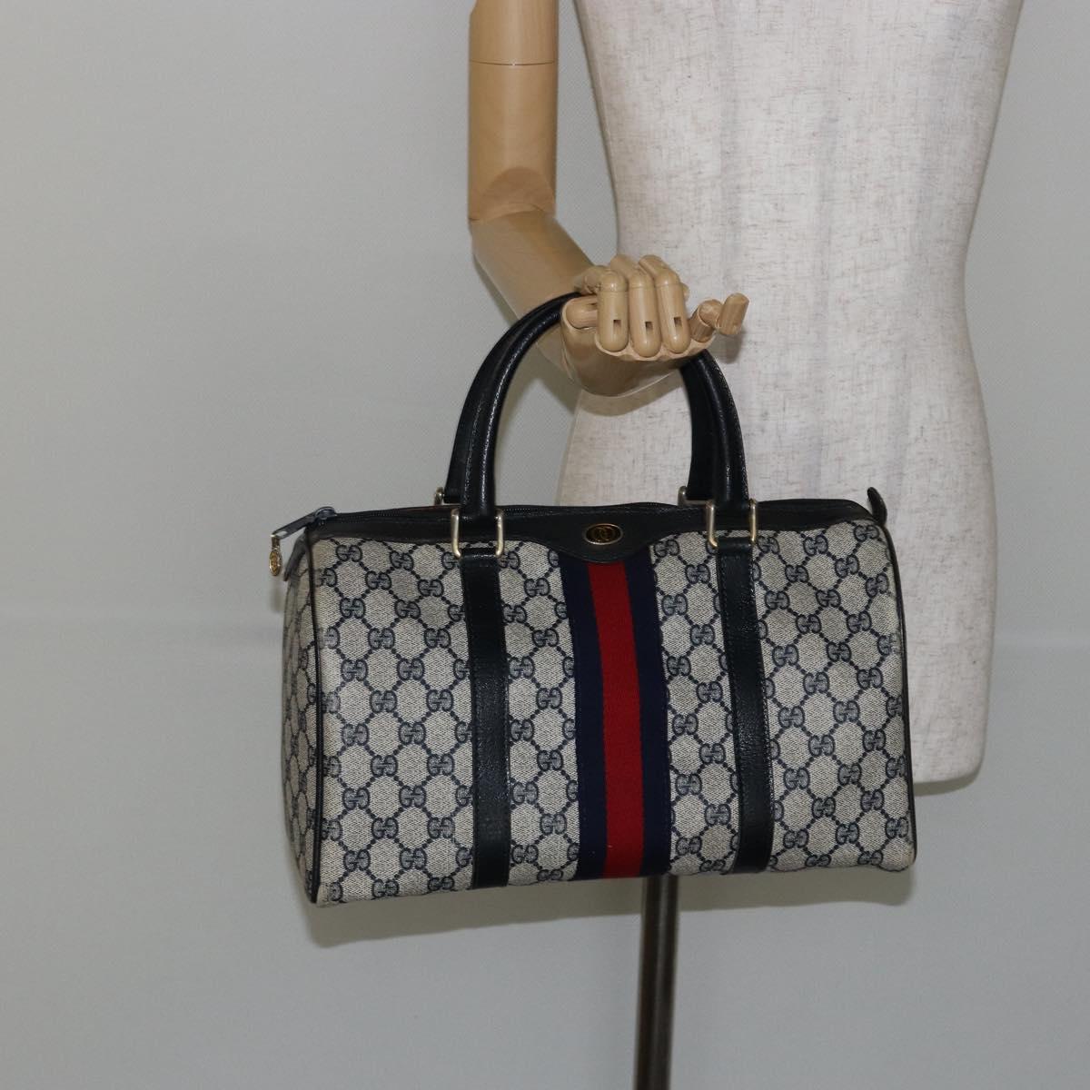 GUCCI GG Supreme Sherry Line Boston Bag PVC Navy Gold 24 012 3842 Auth 145476
