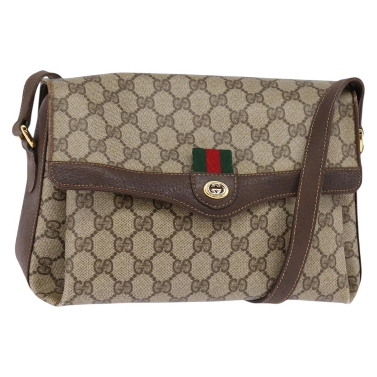 GUCCI GG Supreme Web Sherry Line Shoulder Bag PVC Beige Gold Auth 145481