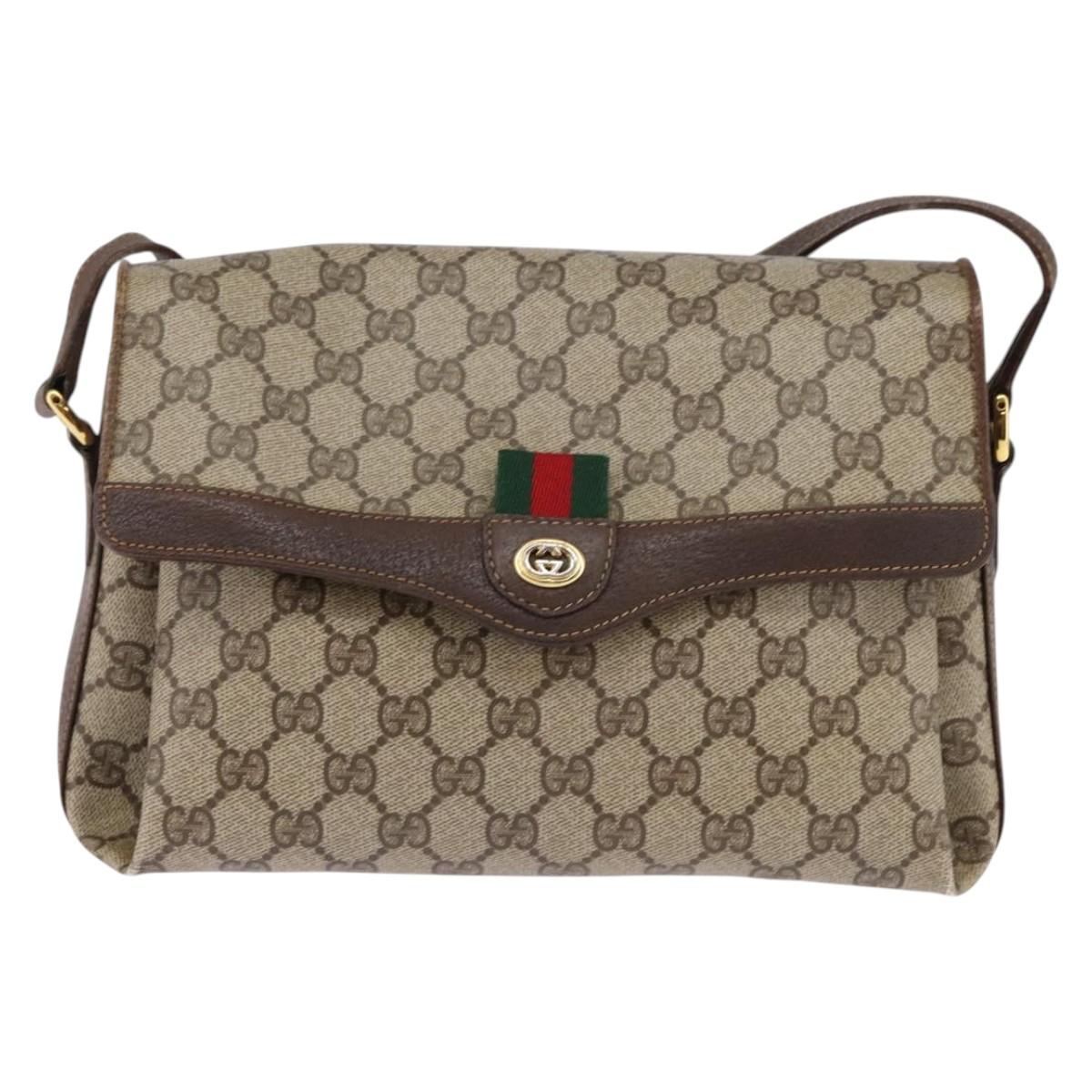 GUCCI GG Supreme Web Sherry Line Shoulder Bag PVC Beige Gold Auth 145481