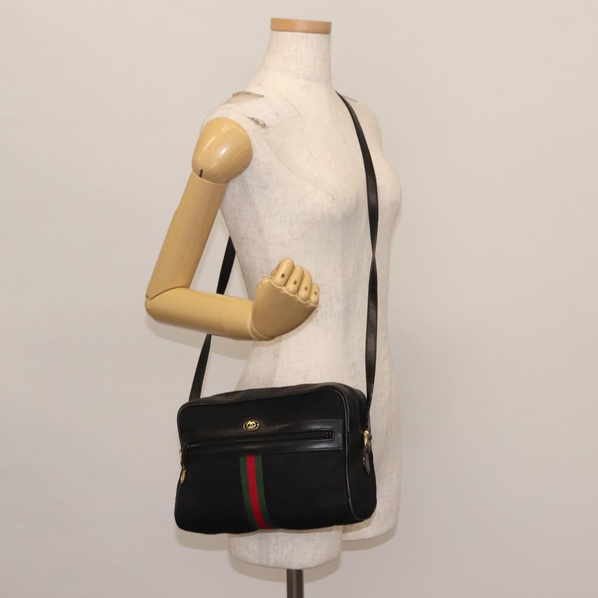 GUCCI GG Canvas Web Sherry Line Shoulder Bag Black Gold Red Auth 145483