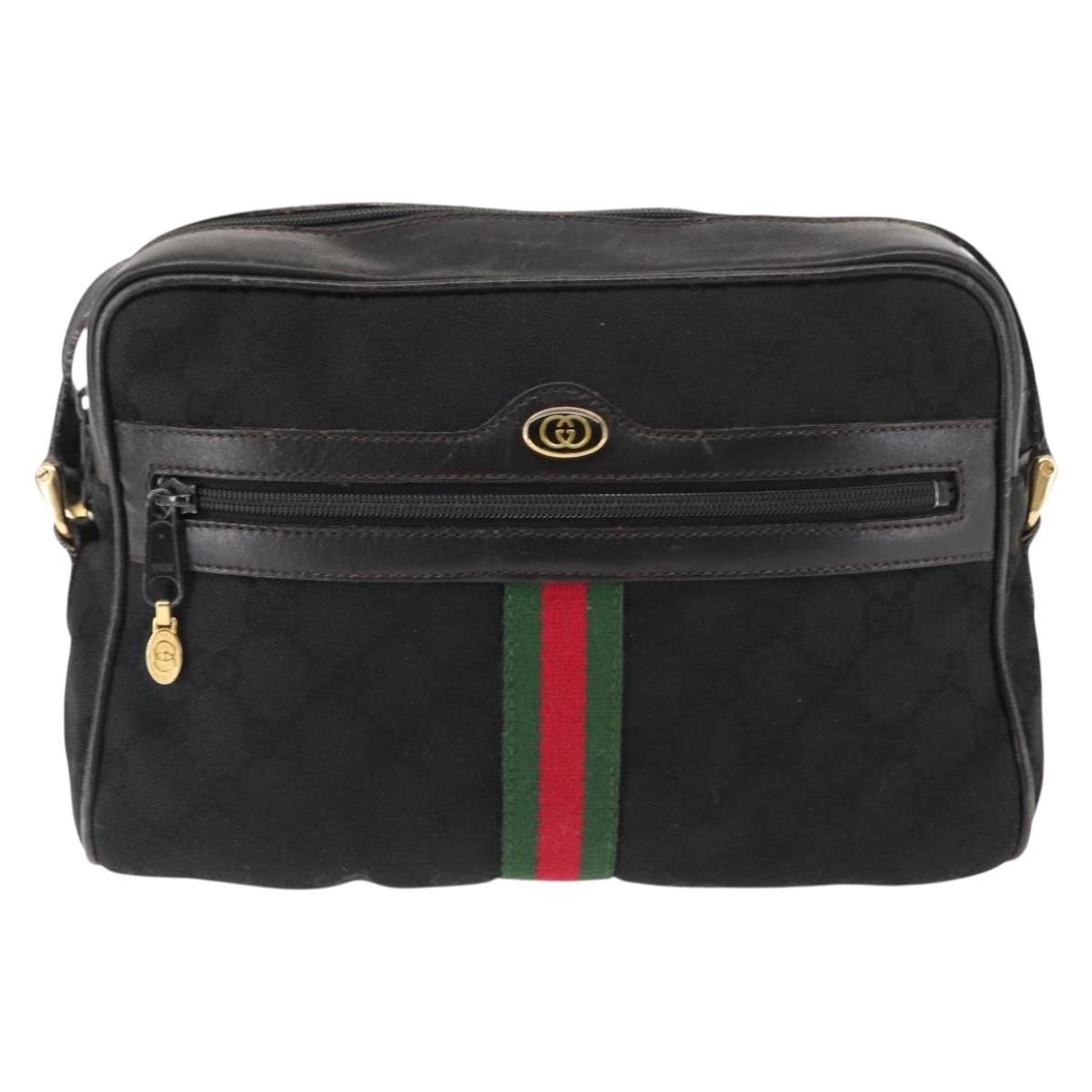 GUCCI GG Canvas Web Sherry Line Shoulder Bag Black Gold Red Auth 145483