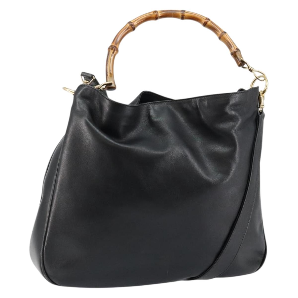 GUCCI Bamboo Hand Bag Leather 2way Black Gold 001 2058 1577 0 Auth 145485