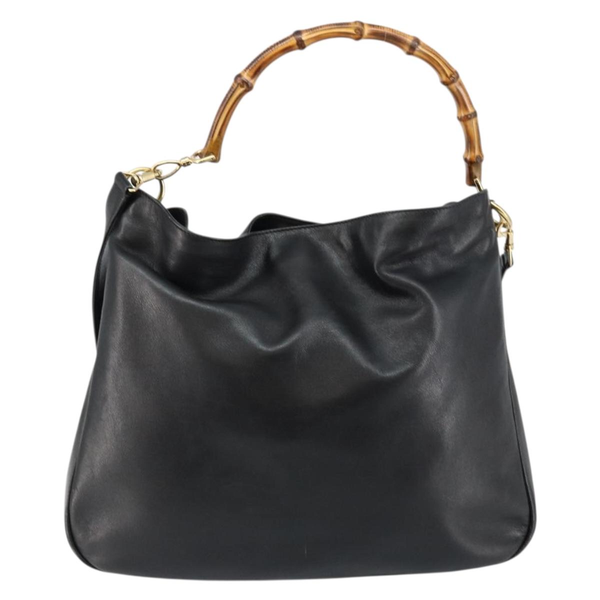 GUCCI Bamboo Hand Bag Leather 2way Black Gold 001 2058 1577 0 Auth 145485