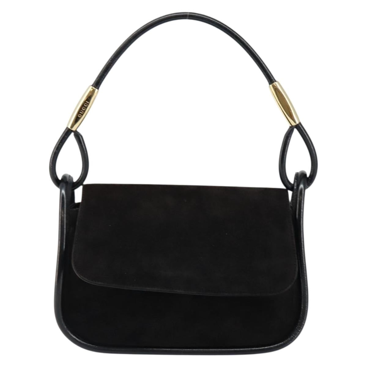 GUCCI Shoulder Bag Suede Leather Black Gold 001 2684 1777 Auth 145486