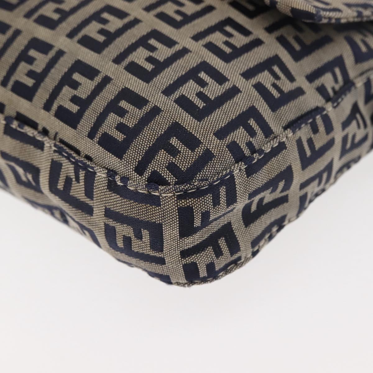 FENDI Zucchino Canvas Mamma Baguette Shoulder Bag Navy Silver Auth 145490