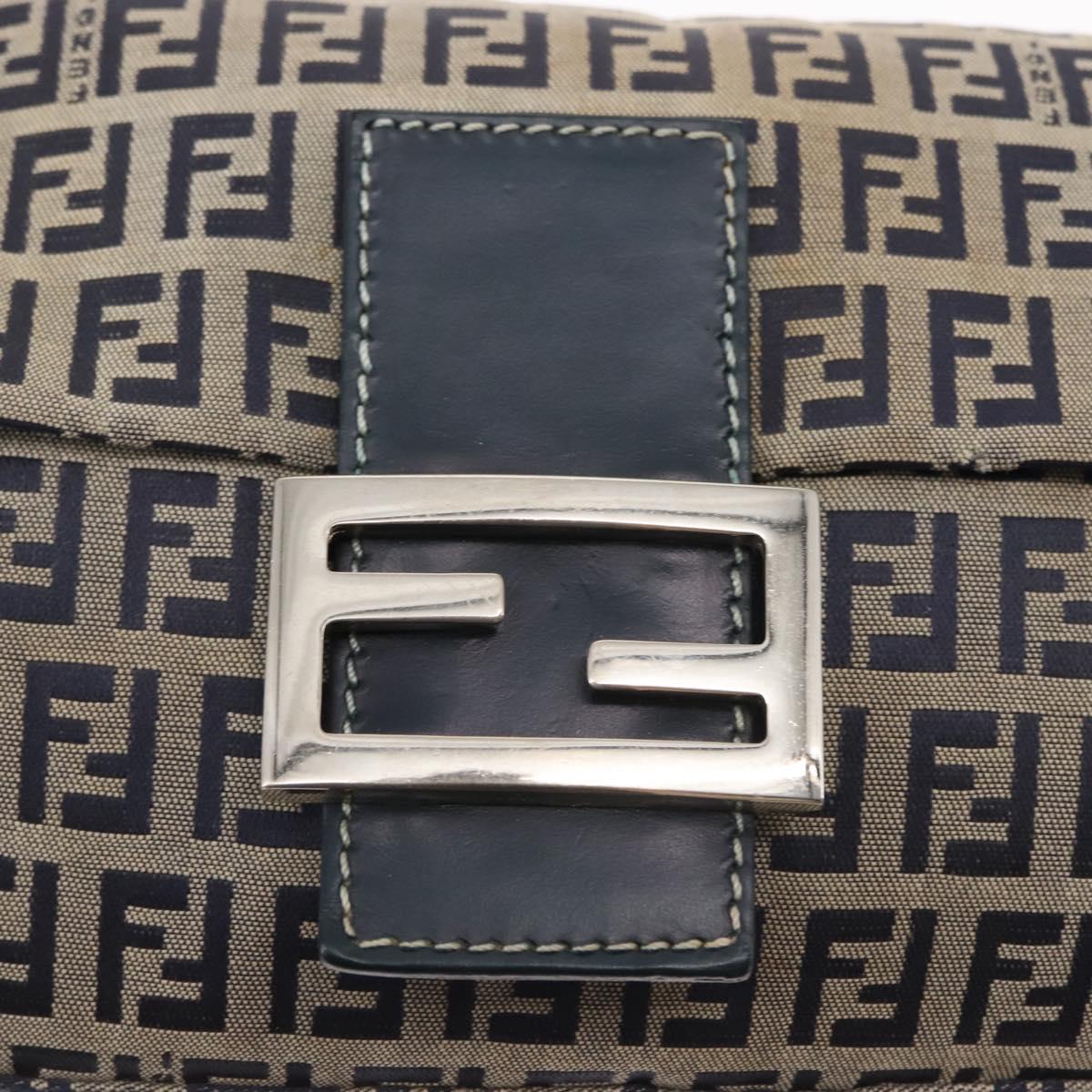 FENDI Zucchino Canvas Mamma Baguette Shoulder Bag Navy Silver Auth 145490