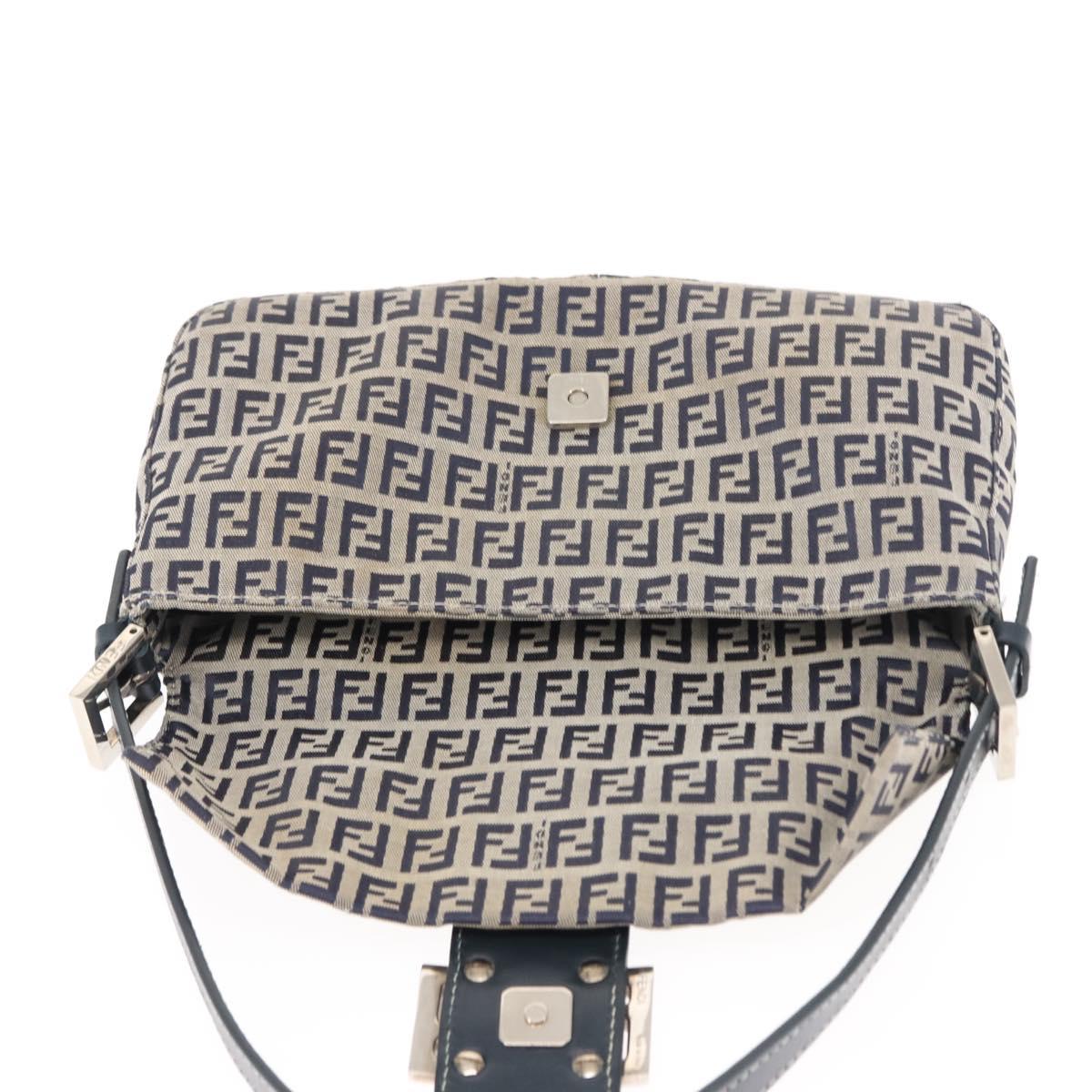 FENDI Zucchino Canvas Mamma Baguette Shoulder Bag Navy Silver Auth 145490