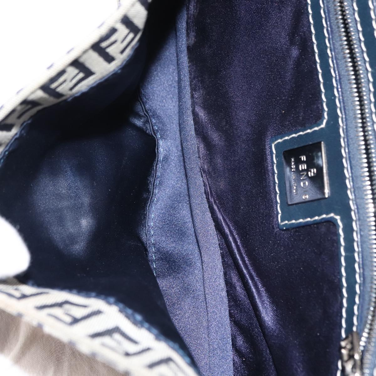 FENDI Zucchino Canvas Mamma Baguette Shoulder Bag Navy Silver Auth 145490