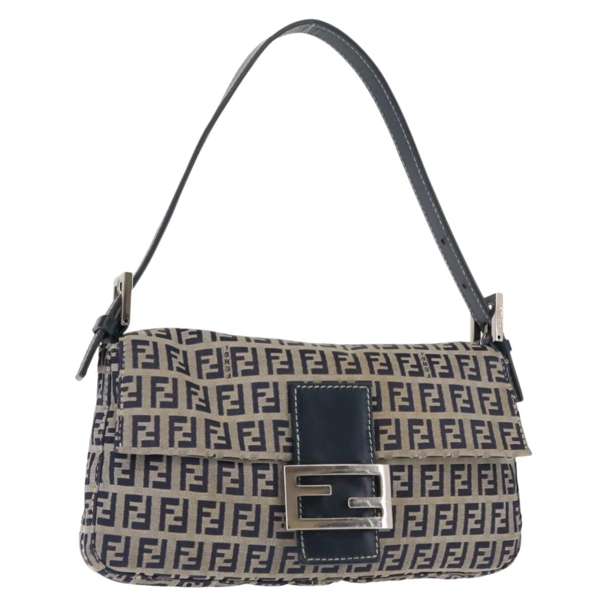 FENDI Zucchino Canvas Mamma Baguette Shoulder Bag Navy Silver Auth 145490