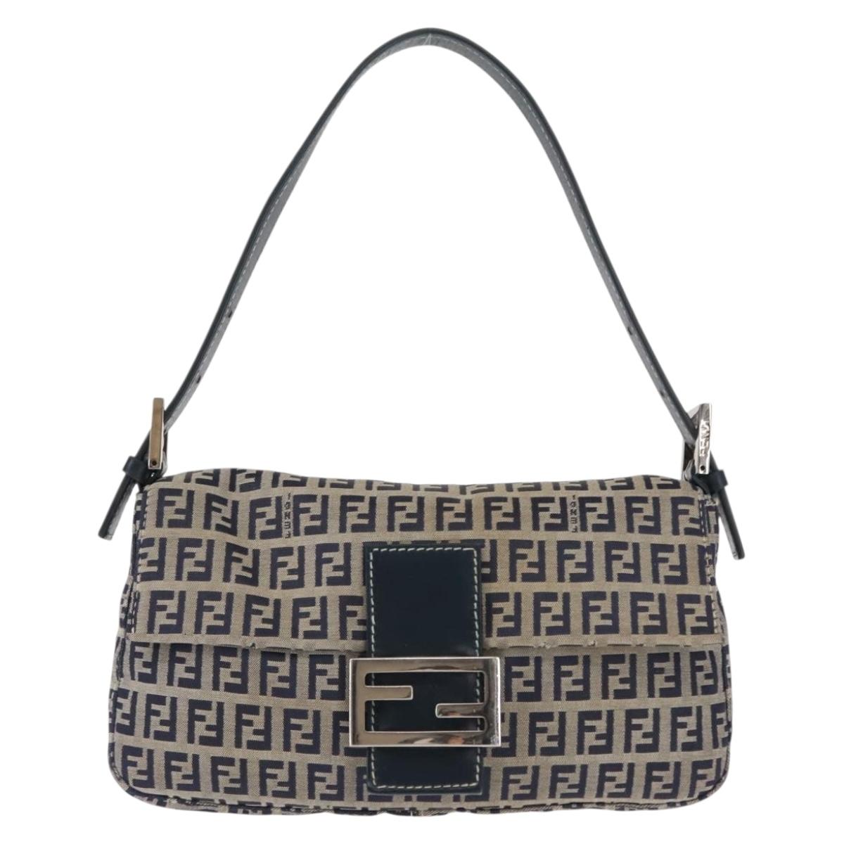 FENDI Zucchino Canvas Mamma Baguette Shoulder Bag Navy Silver Auth 145490