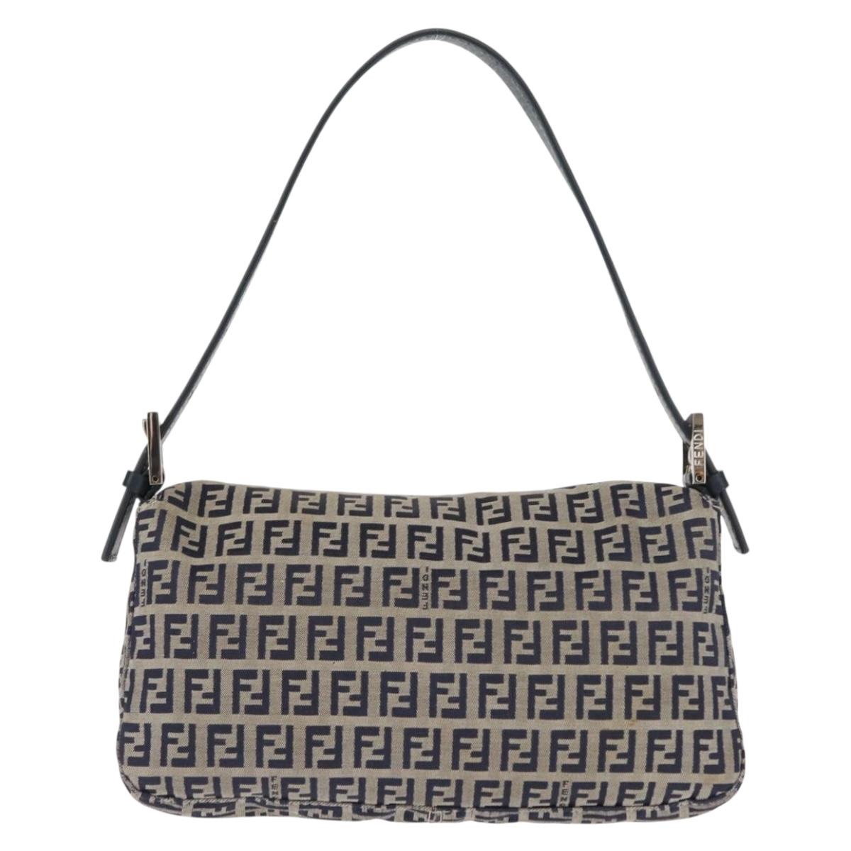 FENDI Zucchino Canvas Mamma Baguette Shoulder Bag Navy Silver Auth 145490
