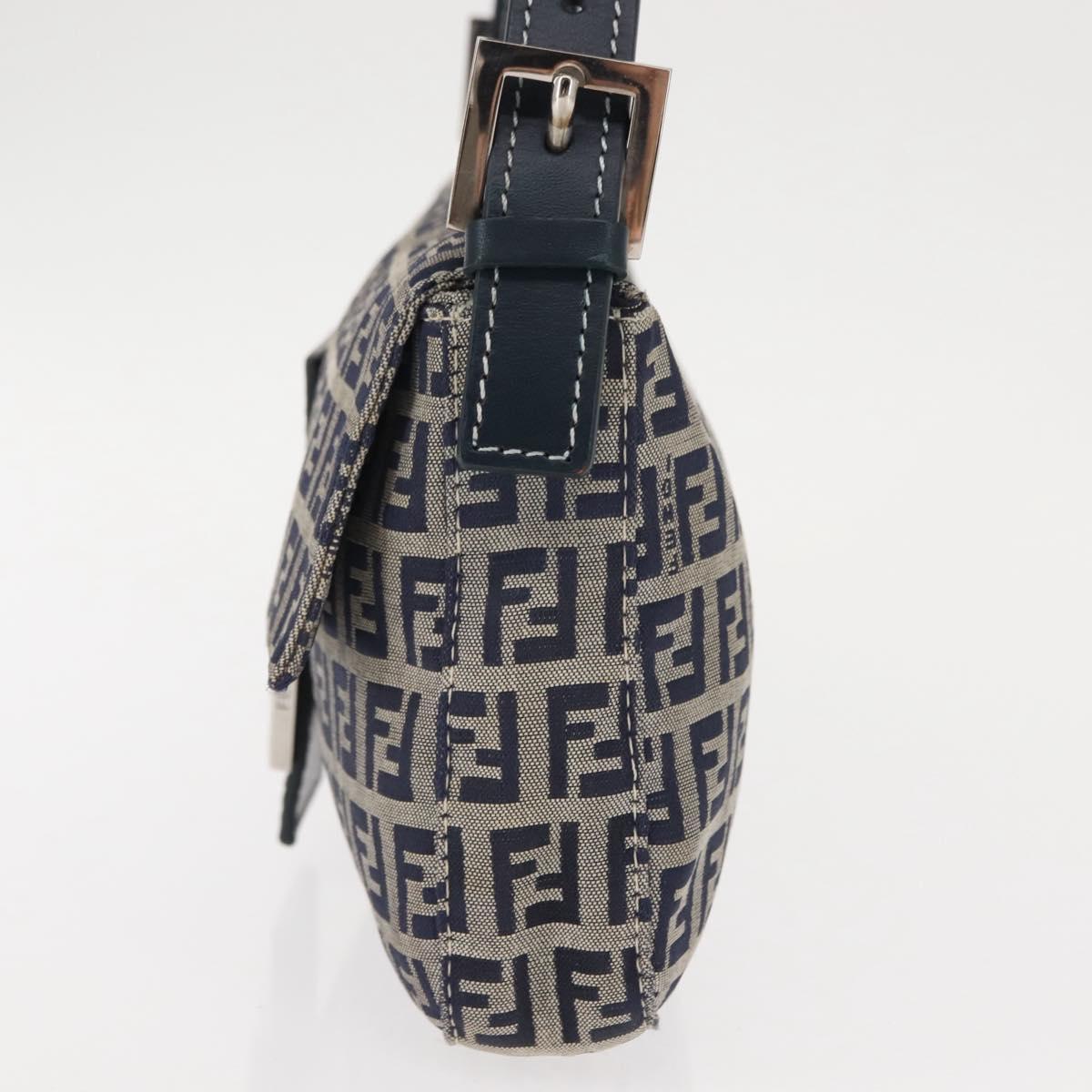 FENDI Zucchino Canvas Mamma Baguette Shoulder Bag Navy Silver Auth 145490