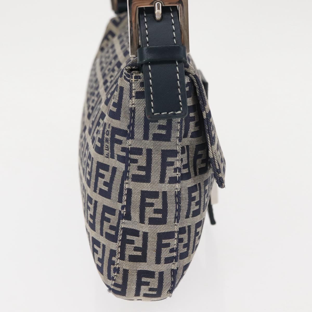 FENDI Zucchino Canvas Mamma Baguette Shoulder Bag Navy Silver Auth 145490
