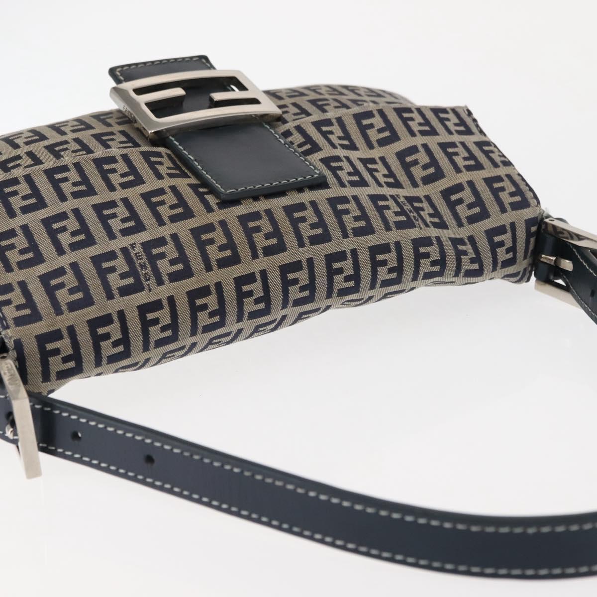 FENDI Zucchino Canvas Mamma Baguette Shoulder Bag Navy Silver Auth 145490