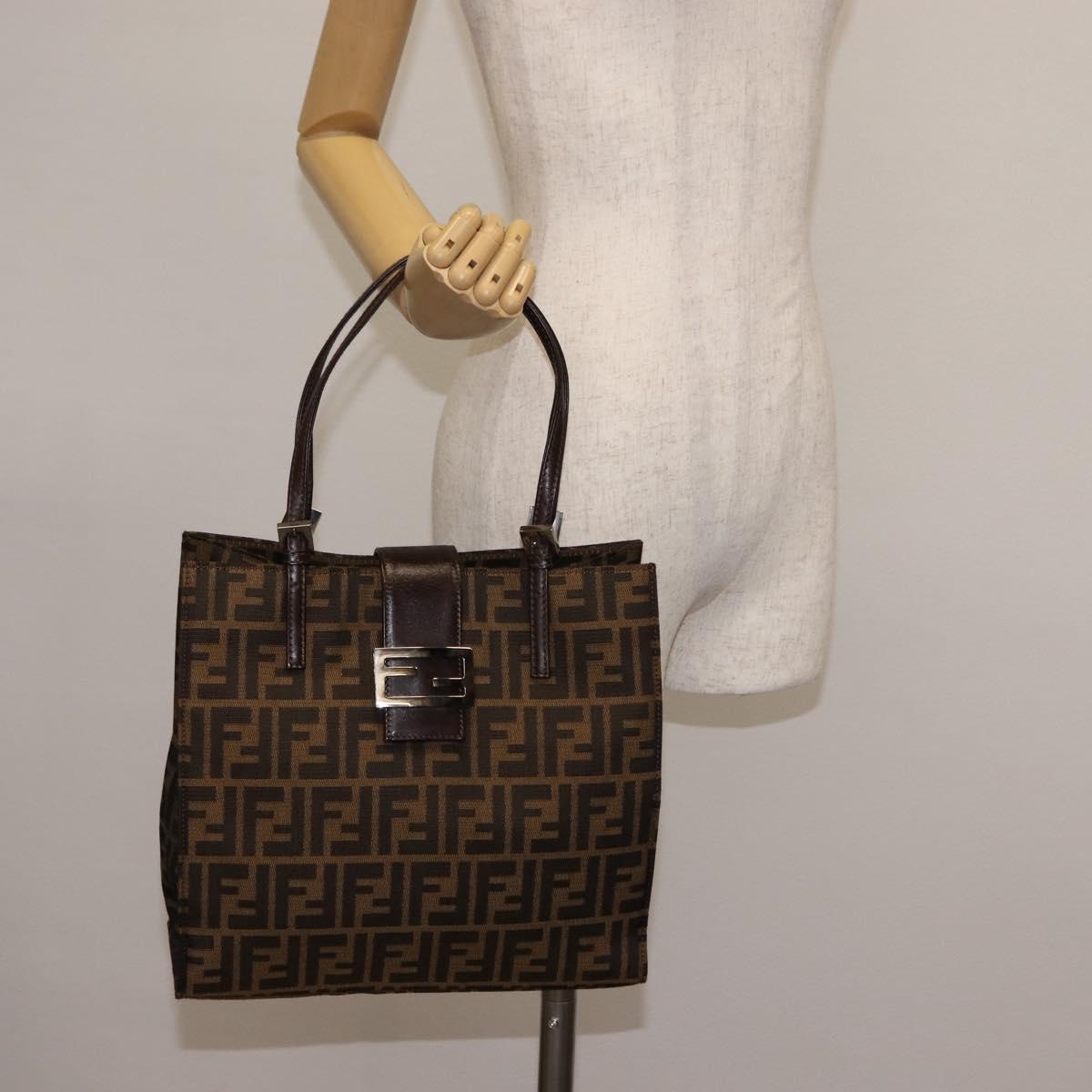 FENDI Zucca Canvas Mamma Baguette Tote Bag Black Silver Brown Auth 145493