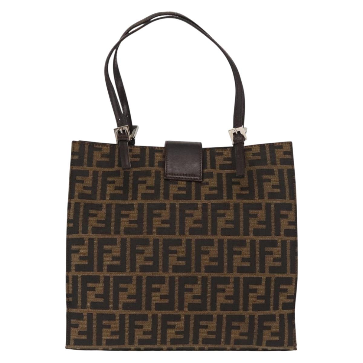 FENDI Zucca Canvas Mamma Baguette Tote Bag Black Silver Brown Auth 145493