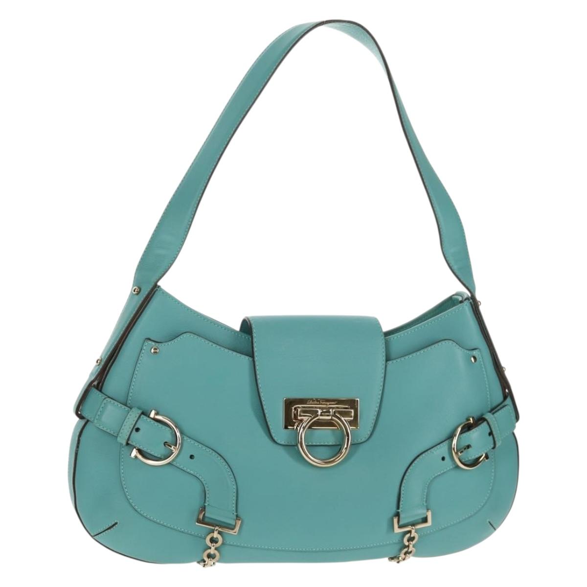 Salvatore Ferragamo Gancini Bag Leather Turquoise Blue Gold Auth 145501V