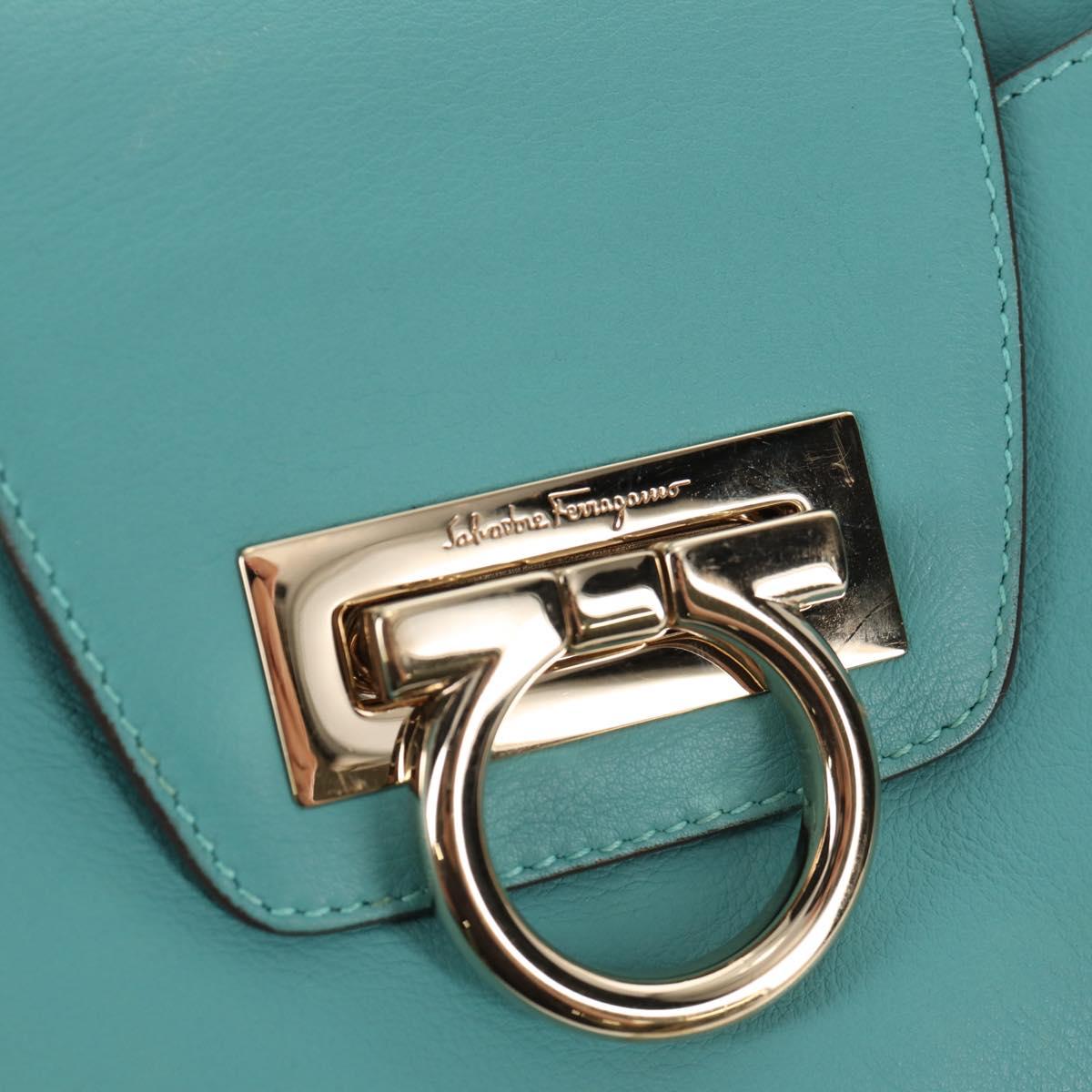 Salvatore Ferragamo Gancini Bag Leather Turquoise Blue Gold Auth 145501V