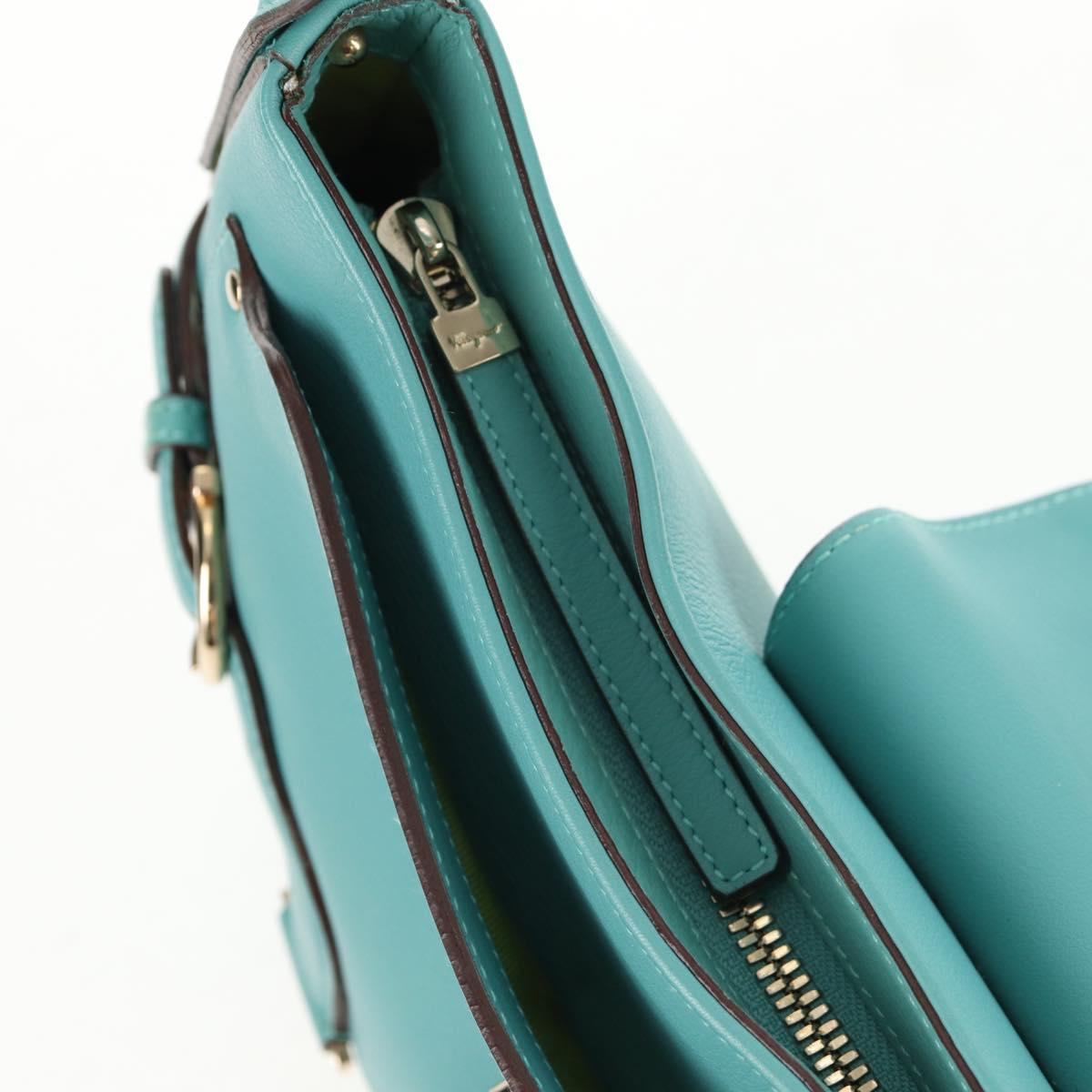 Salvatore Ferragamo Gancini Bag Leather Turquoise Blue Gold Auth 145501V