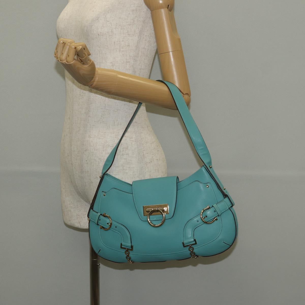Salvatore Ferragamo Gancini Bag Leather Turquoise Blue Gold Auth 145501V