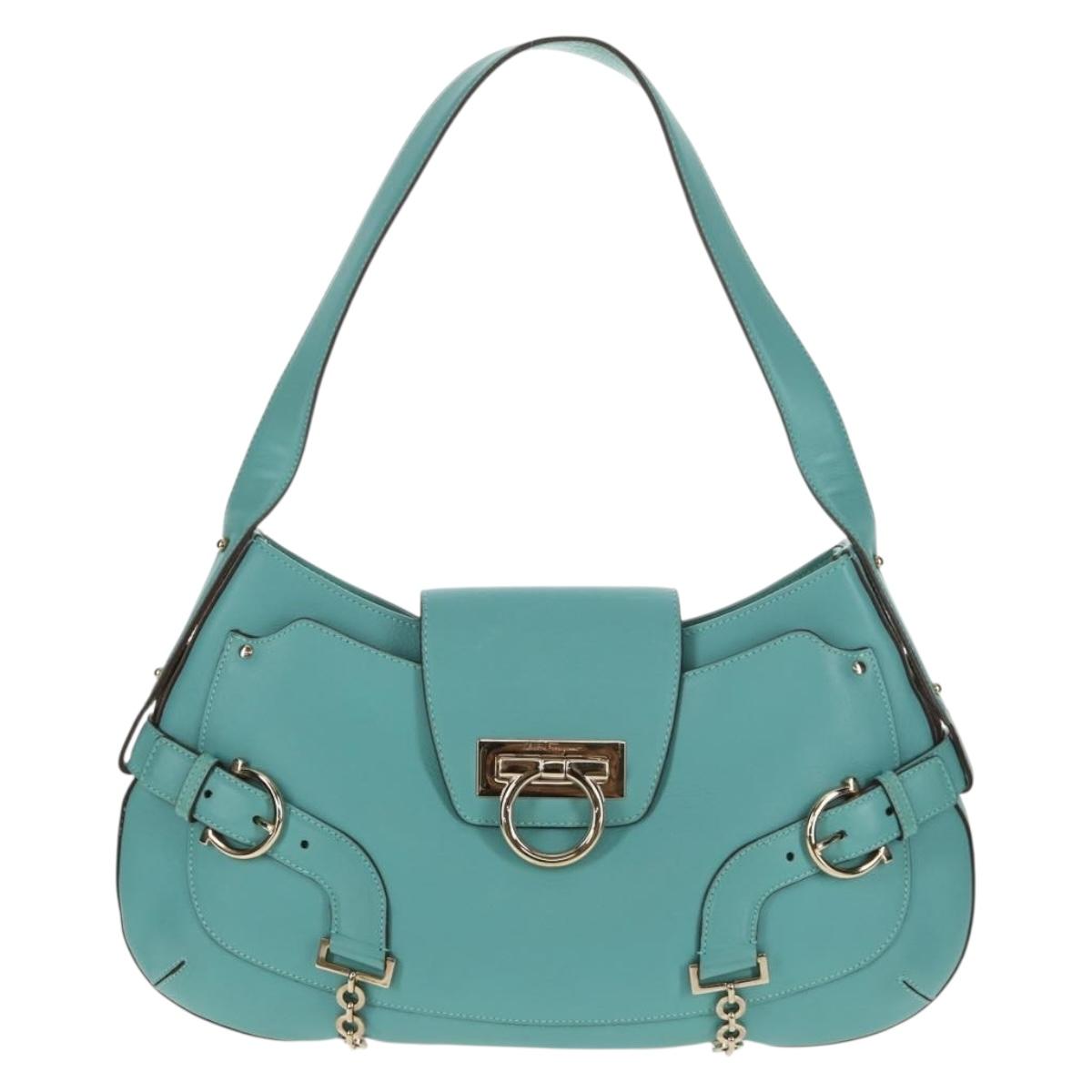 Salvatore Ferragamo Gancini Bag Leather Turquoise Blue Gold Auth 145501V
