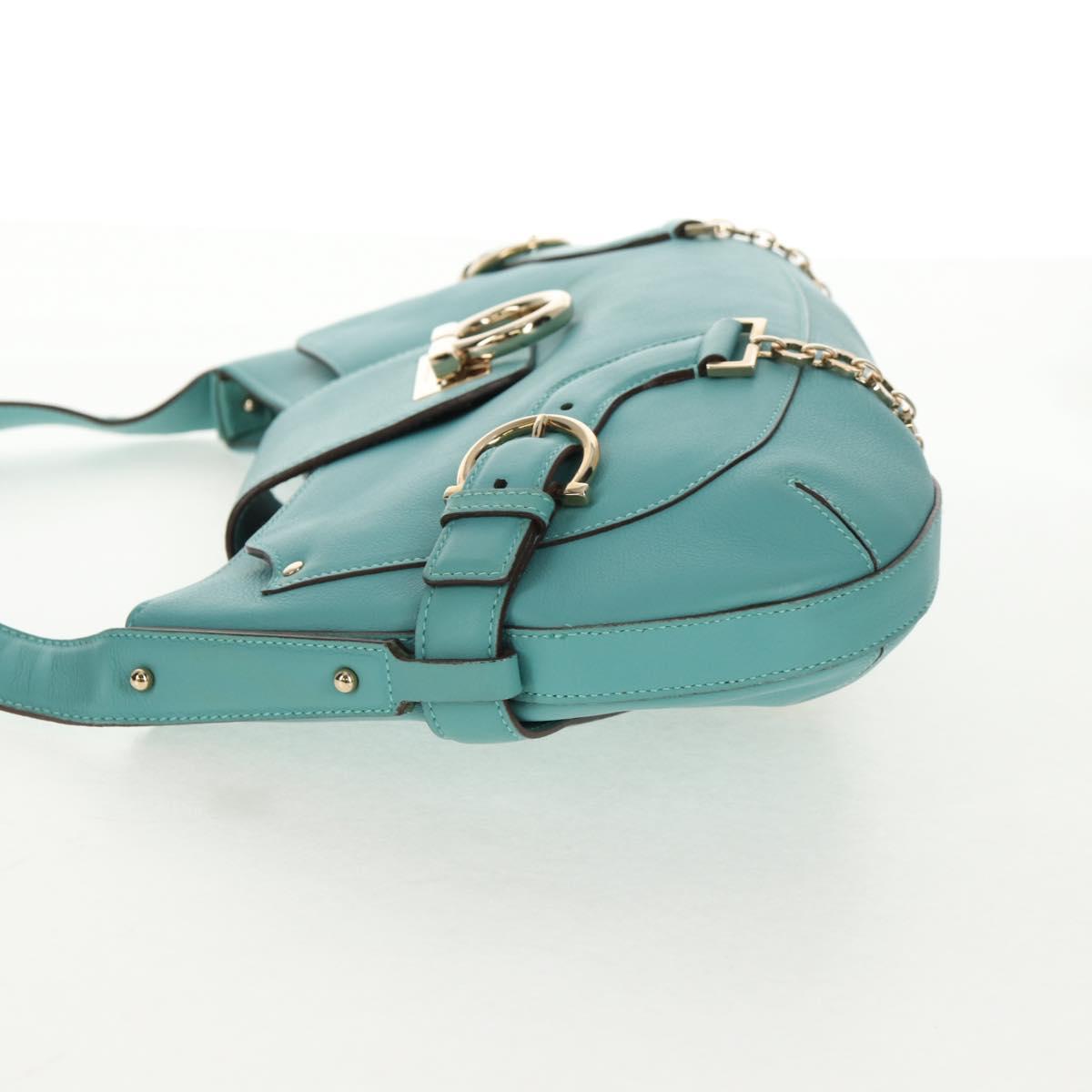 Salvatore Ferragamo Gancini Bag Leather Turquoise Blue Gold Auth 145501V