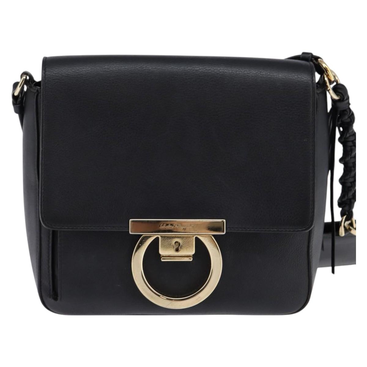 Salvatore Ferragamo Gancini Shoulder Bag Leather Black Gold Auth 145503