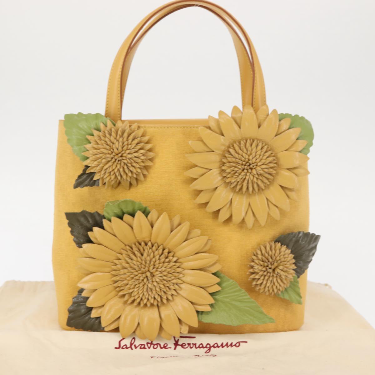 Salvatore Ferragamo Sunflower Hand Bag Canvas Leather Yellow Auth 145506