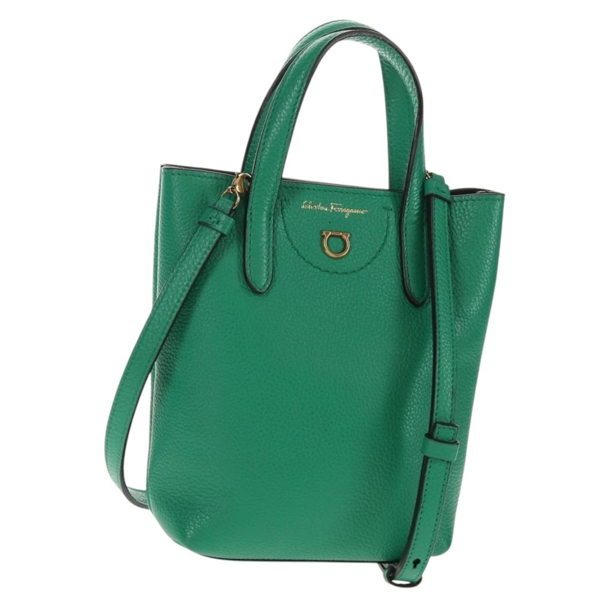 Salvatore Ferragamo Gancini Hand Bag Leather 2way Green Gold Auth 145509V