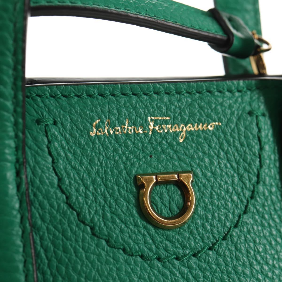 Salvatore Ferragamo Gancini Hand Bag Leather 2way Green Gold Auth 145509V