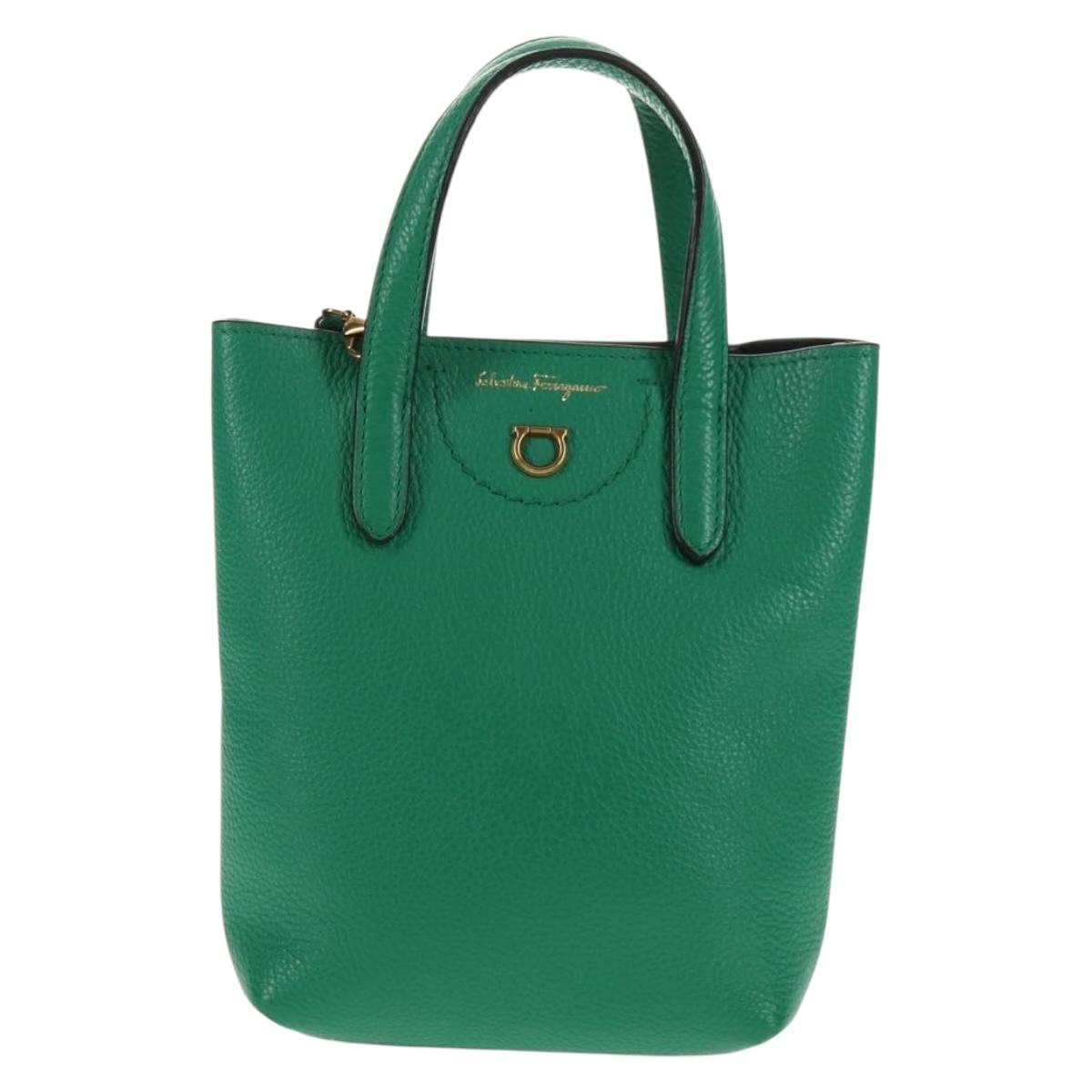 Salvatore Ferragamo Gancini Hand Bag Leather 2way Green Gold Auth 145509V