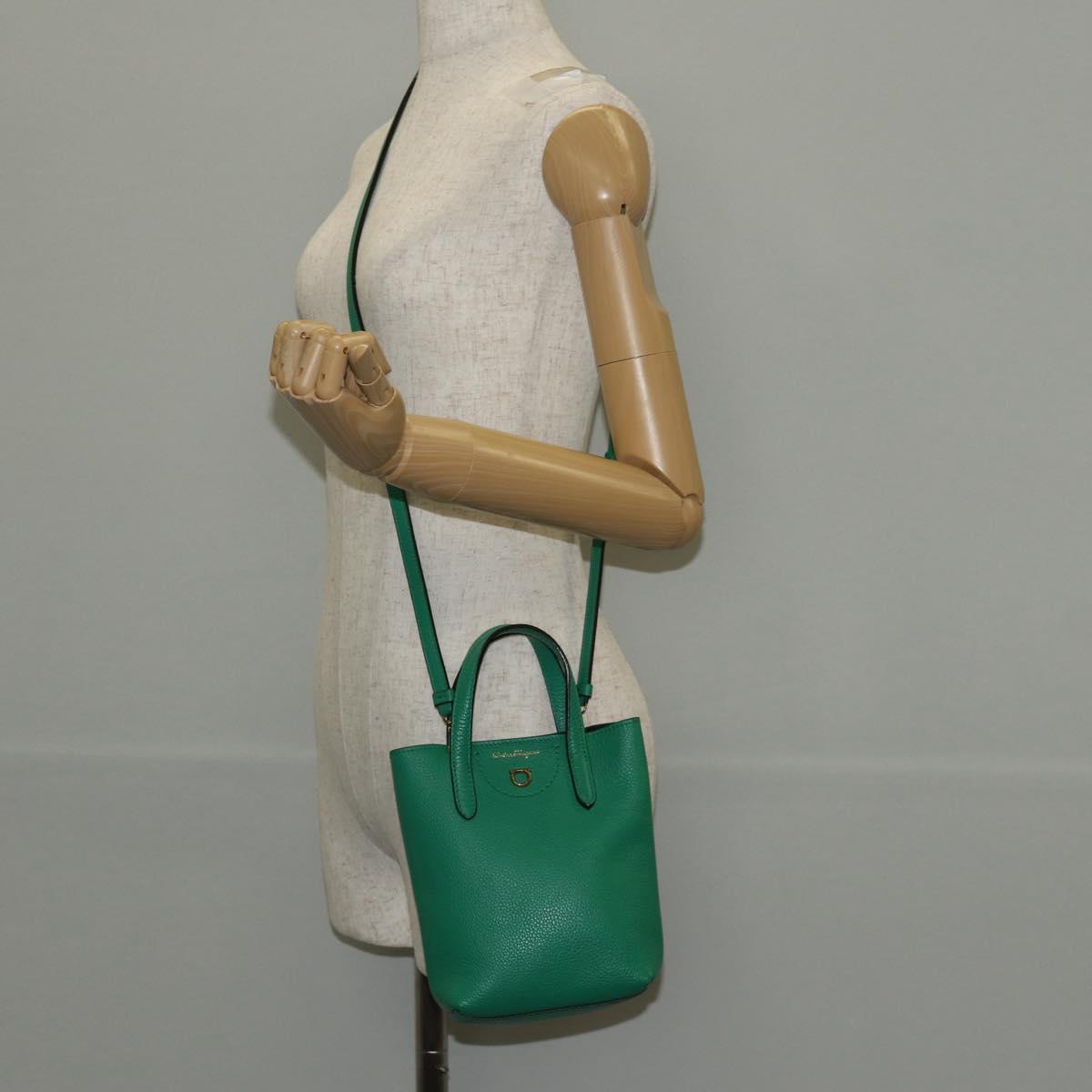 Salvatore Ferragamo Gancini Hand Bag Leather 2way Green Gold Auth 145509V