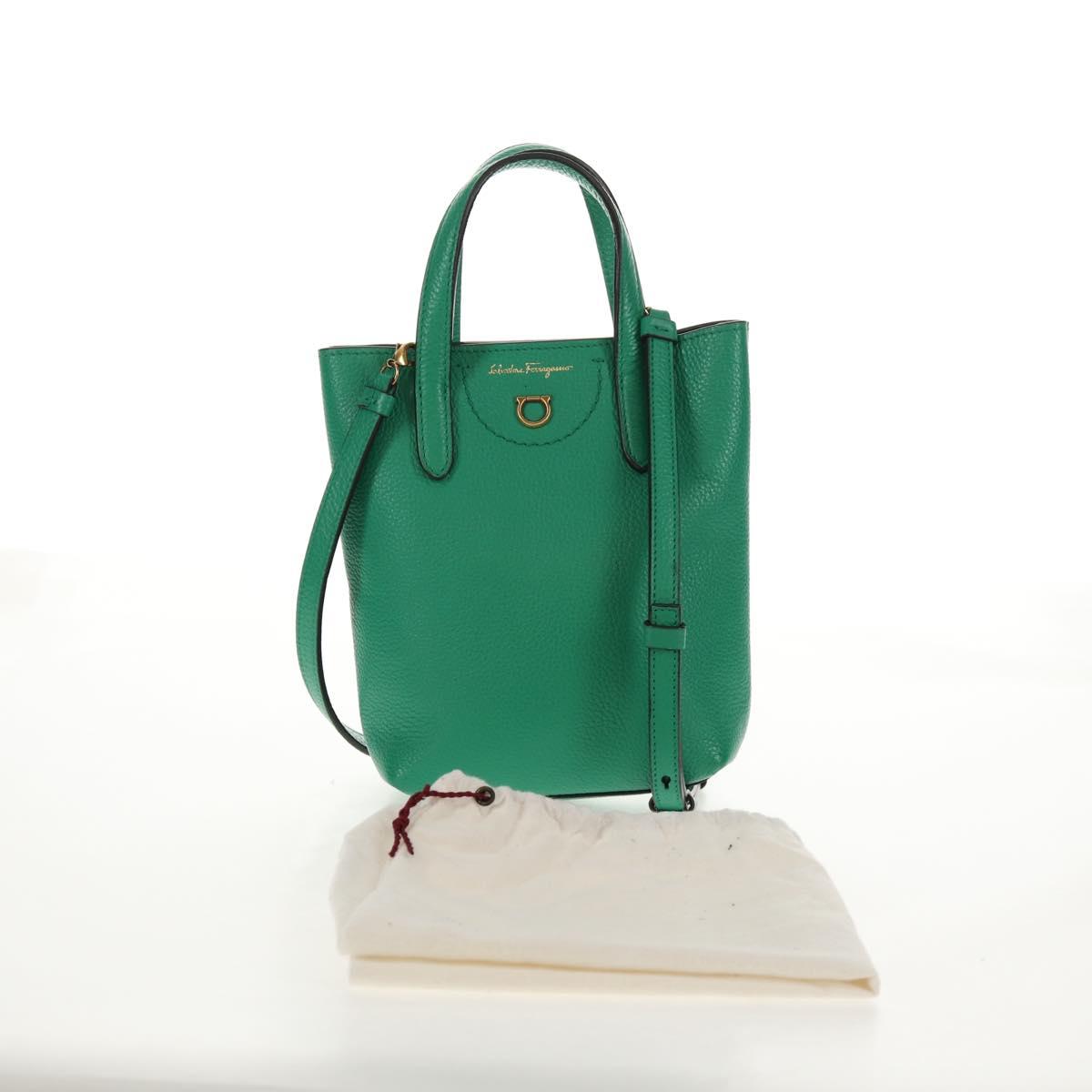 Salvatore Ferragamo Gancini Hand Bag Leather 2way Green Gold Auth 145509V