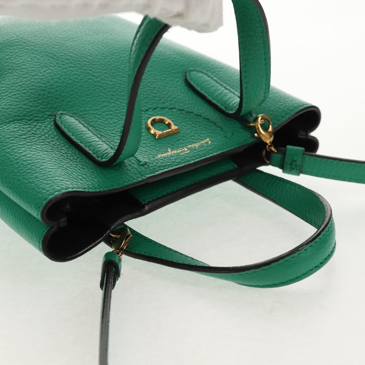 Salvatore Ferragamo Gancini Hand Bag Leather 2way Green Gold Auth 145509V