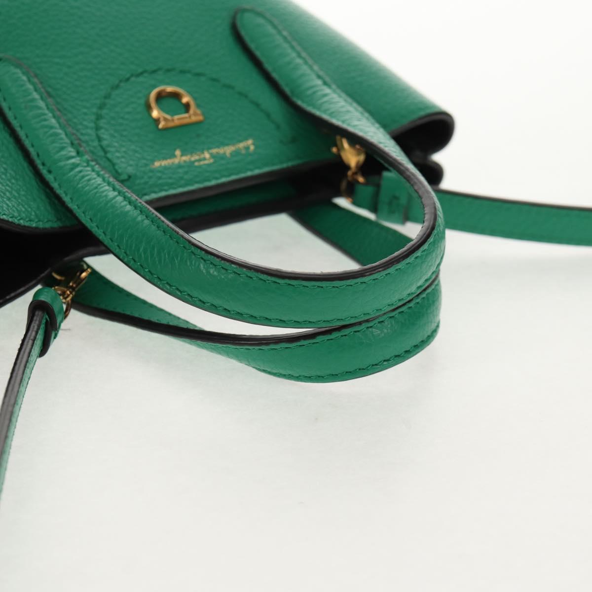Salvatore Ferragamo Gancini Hand Bag Leather 2way Green Gold Auth 145509V