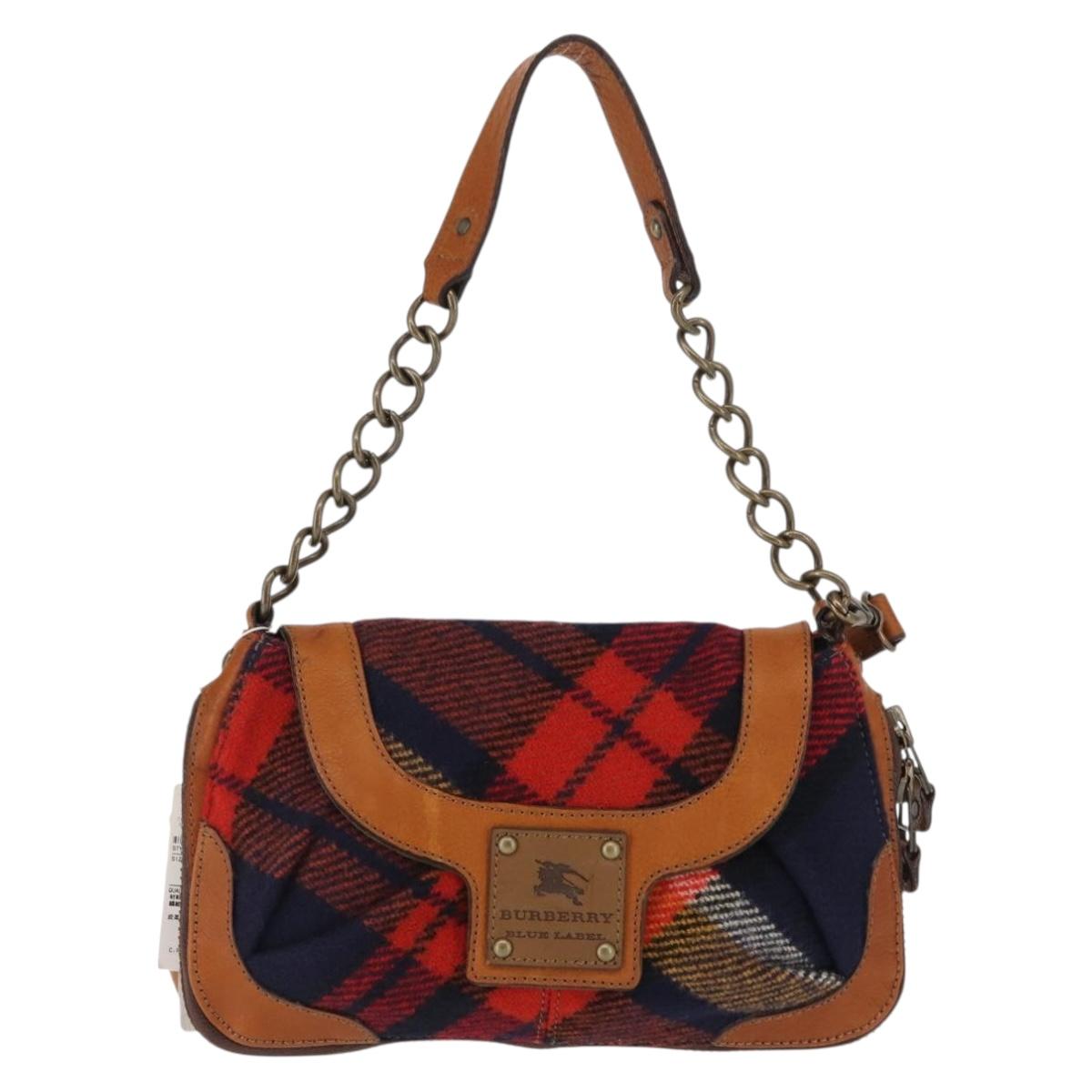BURBERRY Nova Check Blue Label Shoulder Bag Wool Red Auth 145519
