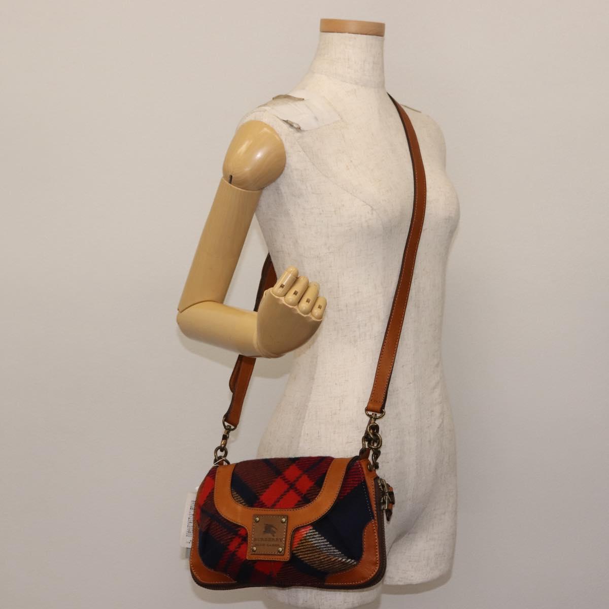 BURBERRY Nova Check Blue Label Shoulder Bag Wool Red Auth 145519