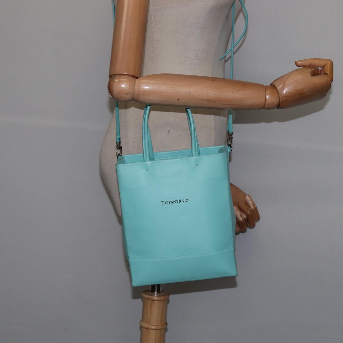 TIFFANY&Co. Hand Bag Leather 2way Turquoise Blue Silver Auth 145520